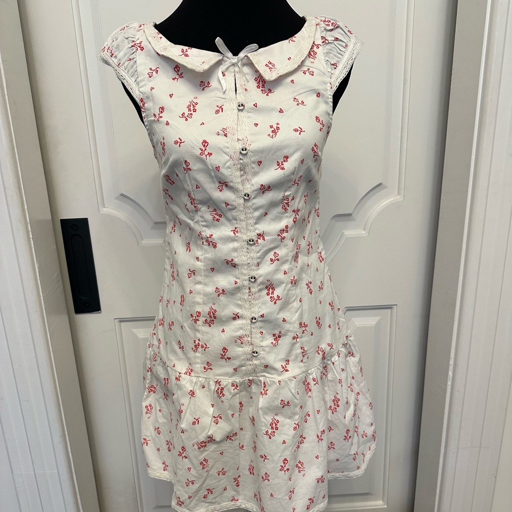 Free People Fitted Faux Shirtdress Open Back Hearts Collar Lace Trim Dress NWOT